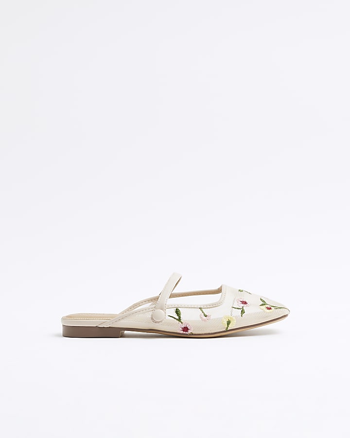 Beige Floral Embroidered Mules