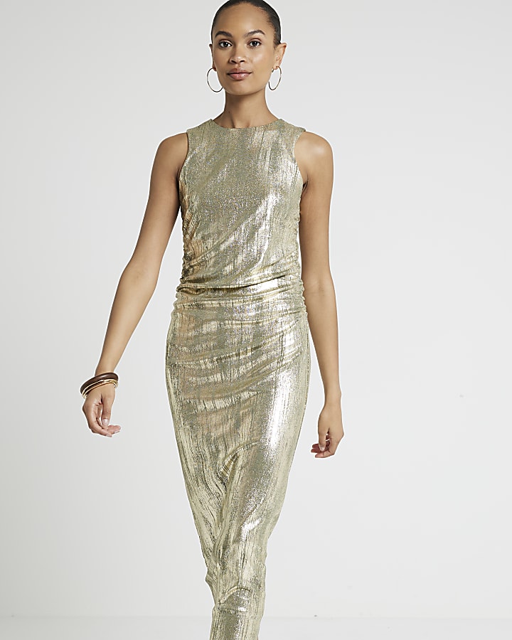 Gold foil bodycon midi dress