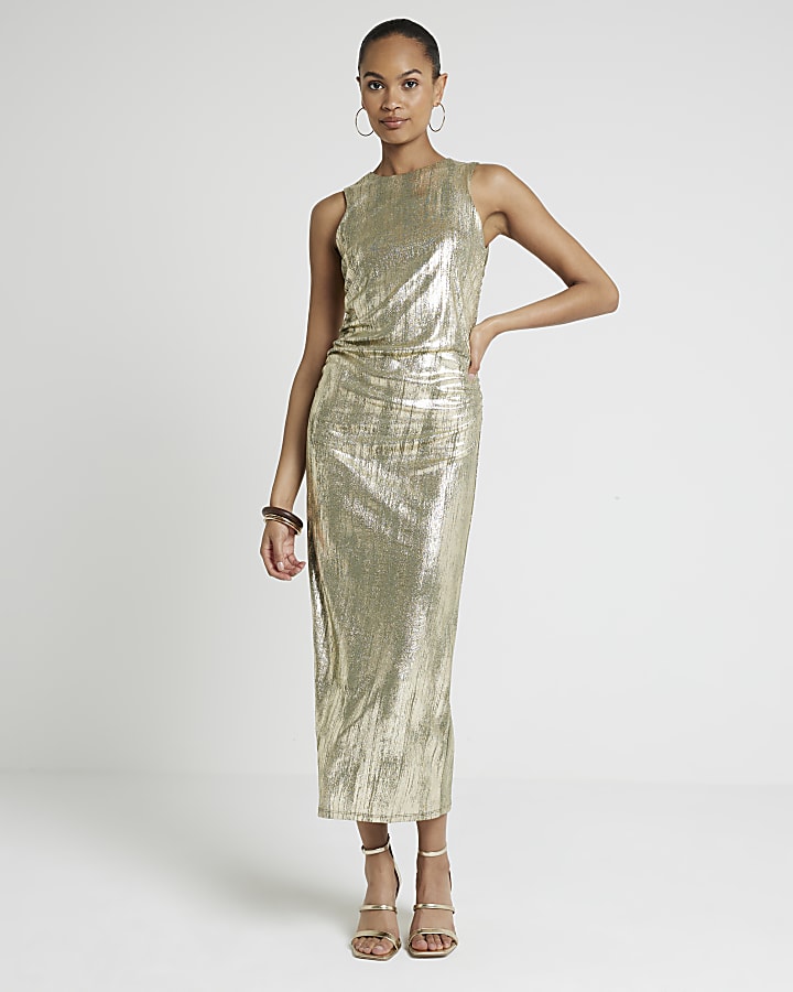 Gold foil bodycon midi dress