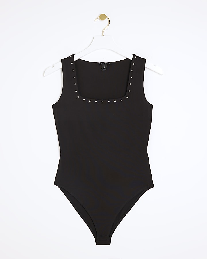 Black studded square neck bodysuit