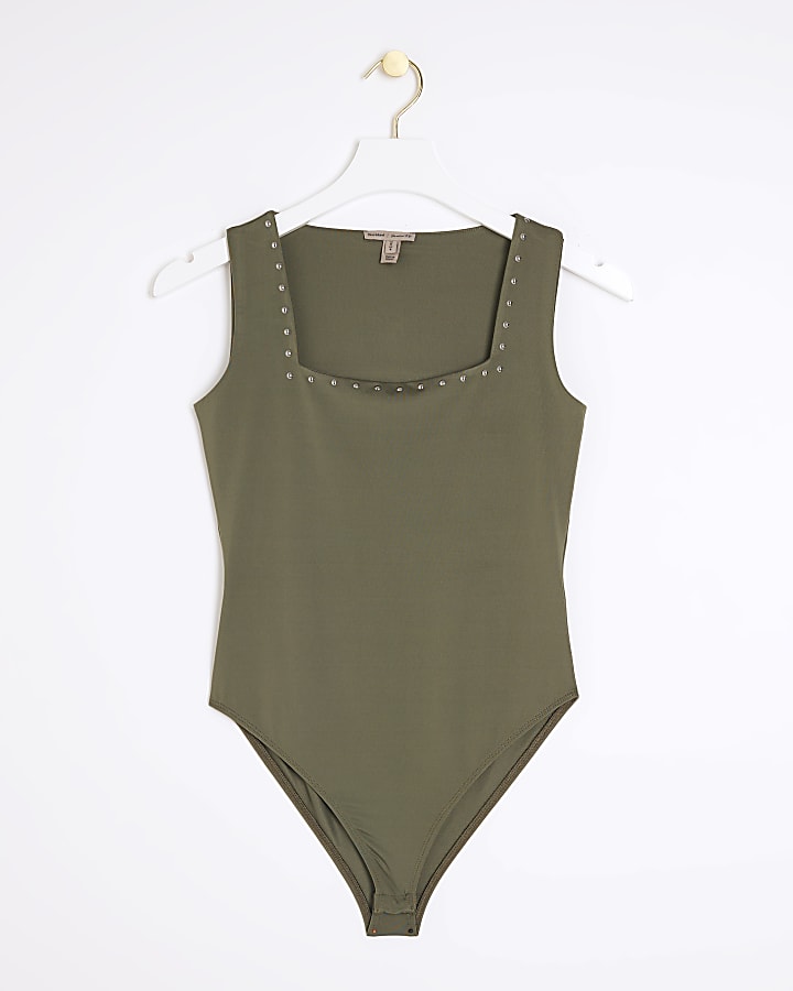 Khaki studded square neck bodysuit