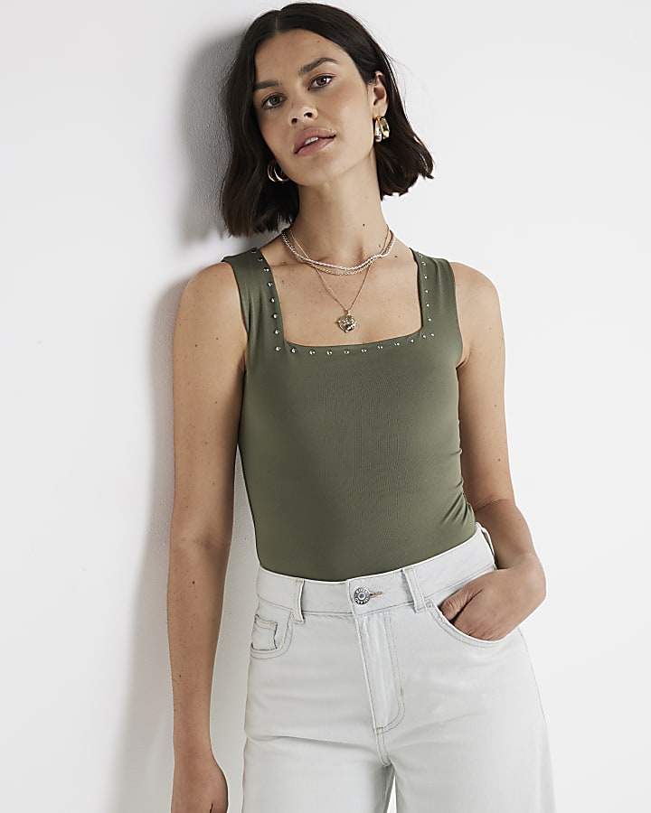 Khaki studded square neck bodysuit