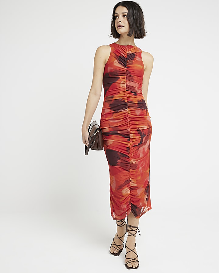 Red mesh abstract bodycon midi dress