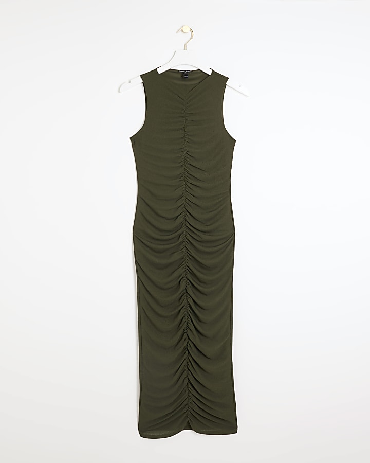 Khaki Ruched Mesh Midi Dress
