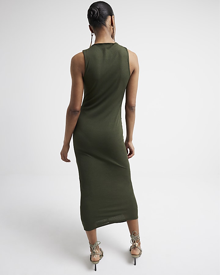 Khaki Ruched Mesh Midi Dress