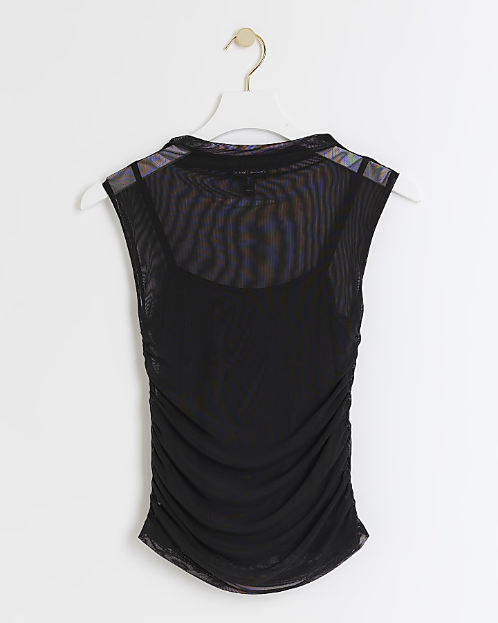 Black Mesh Ruched Top