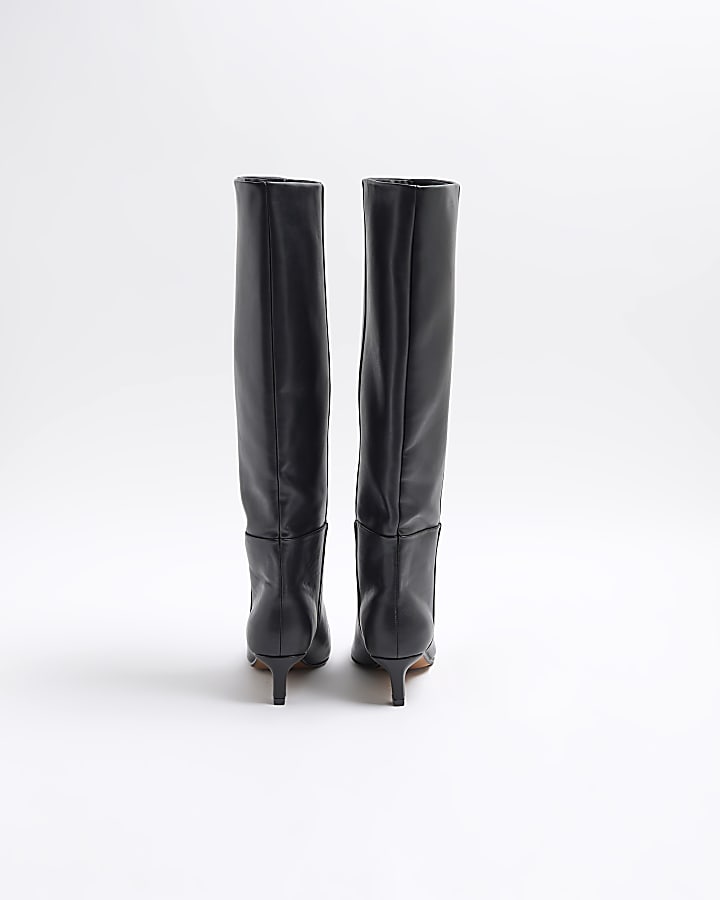 Black Knee High Kitten Heel Boots