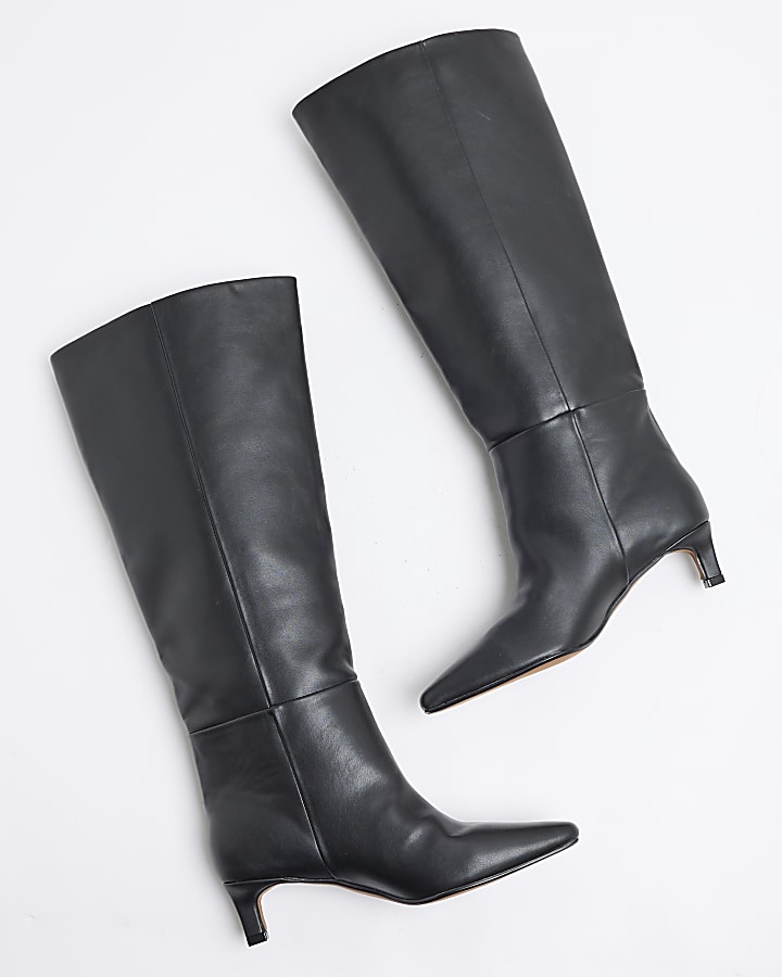 Black Knee High Kitten Heel Boots