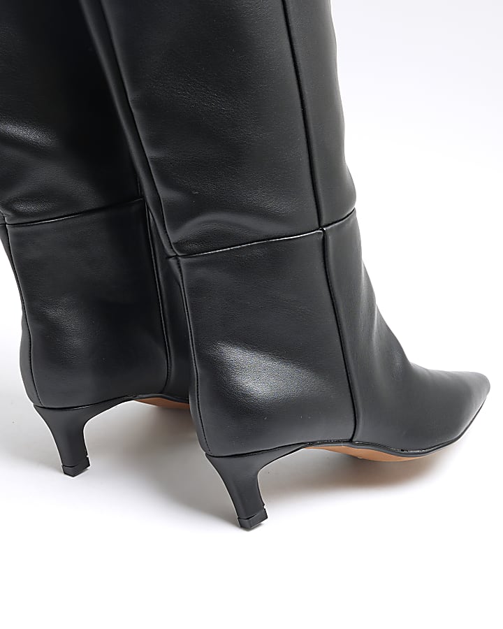 Black Knee High Kitten Heel Boots