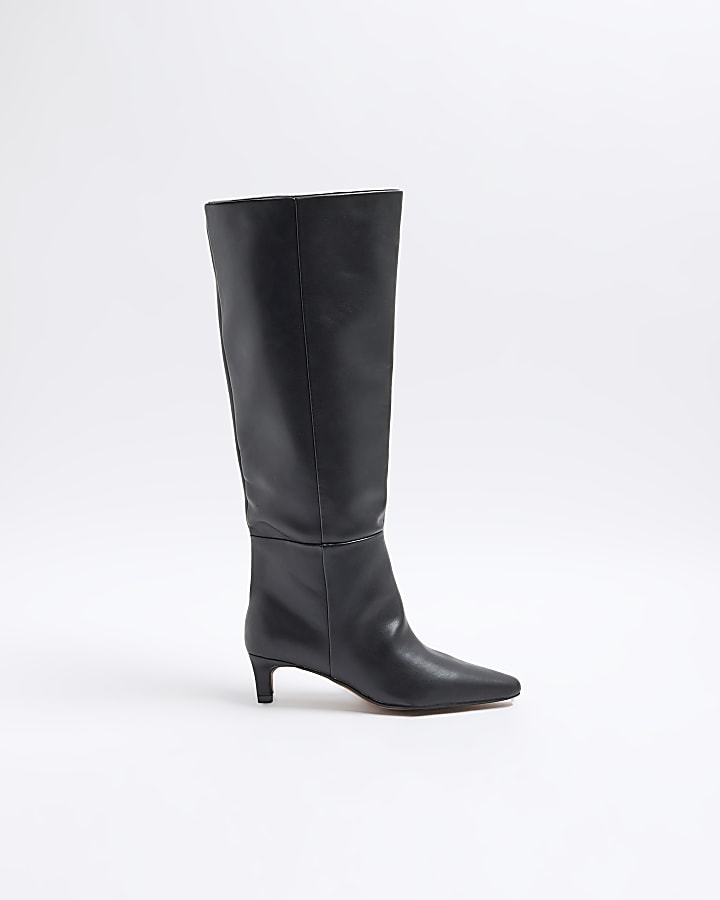 Black Knee High Kitten Heel Boots