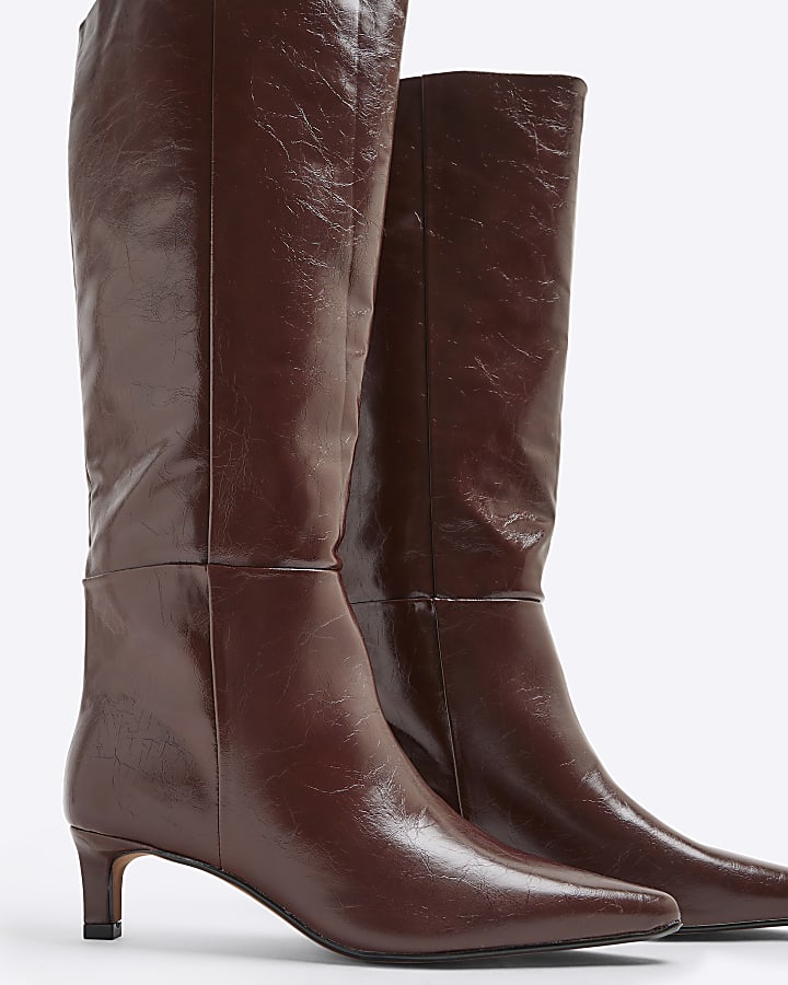 Red Knee High Kitten Heel Boots