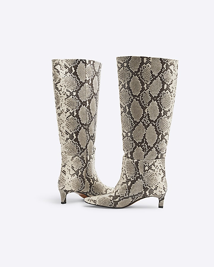 Beige Snake Print Knee High Kitten Heel Boots