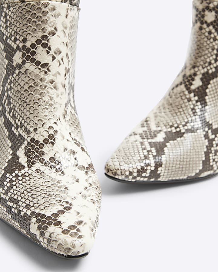 Beige Snake Print Knee High Kitten Heel Boots