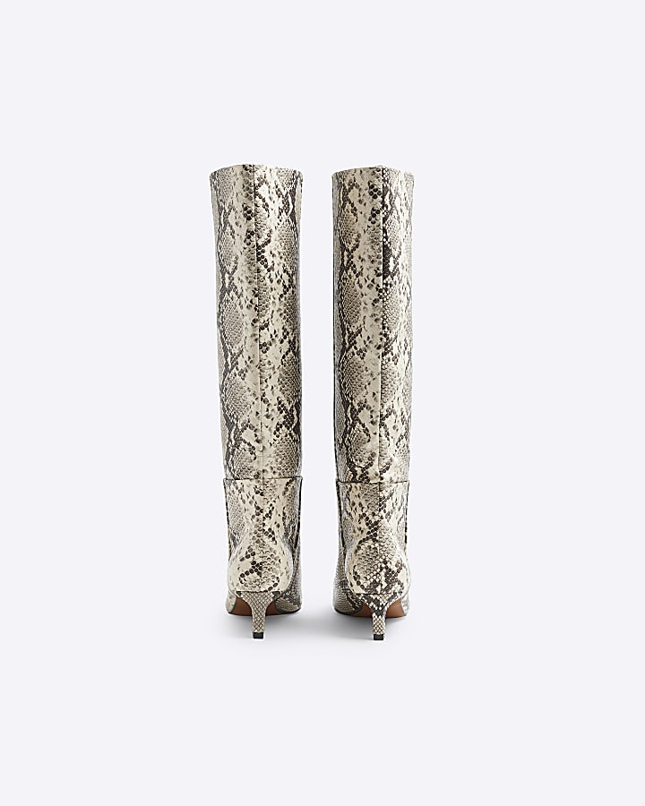 Beige Snake Print Knee High Kitten Heel Boots