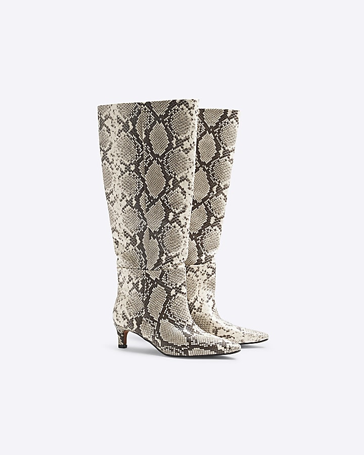 Beige Snake Print Knee High Kitten Heel Boots