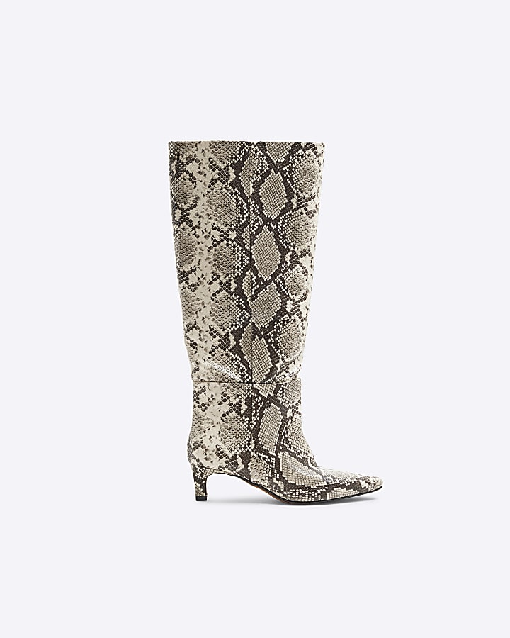 Beige Snake Print Knee High Kitten Heel Boots