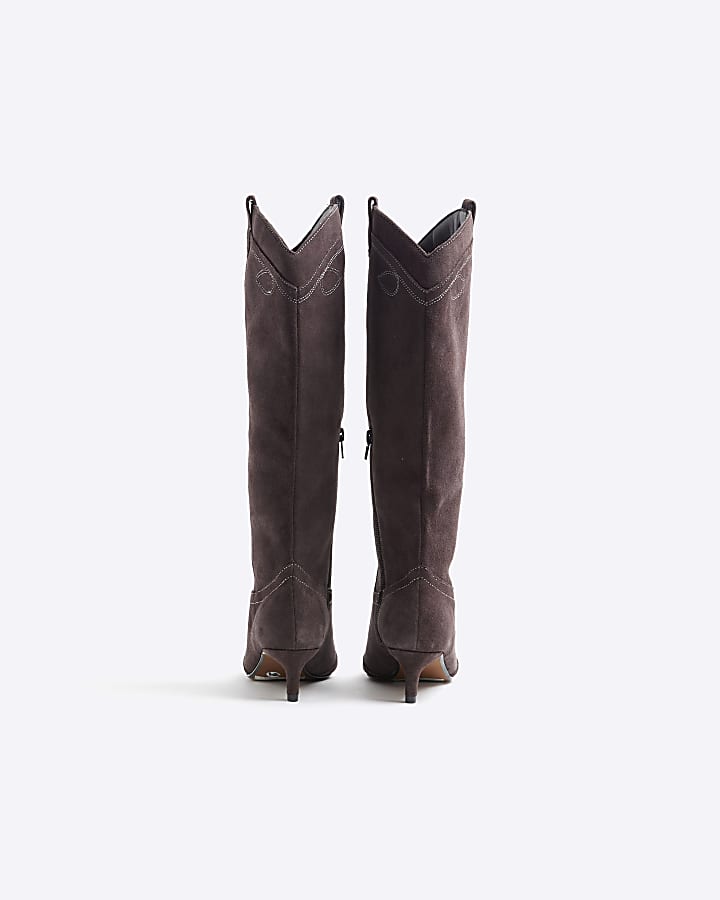 Brown Suede Knee High Western Boots