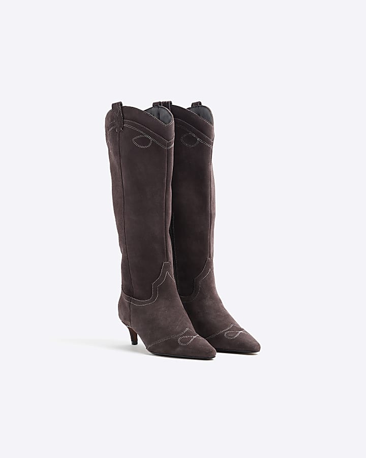 Brown Suede Knee High Western Boots