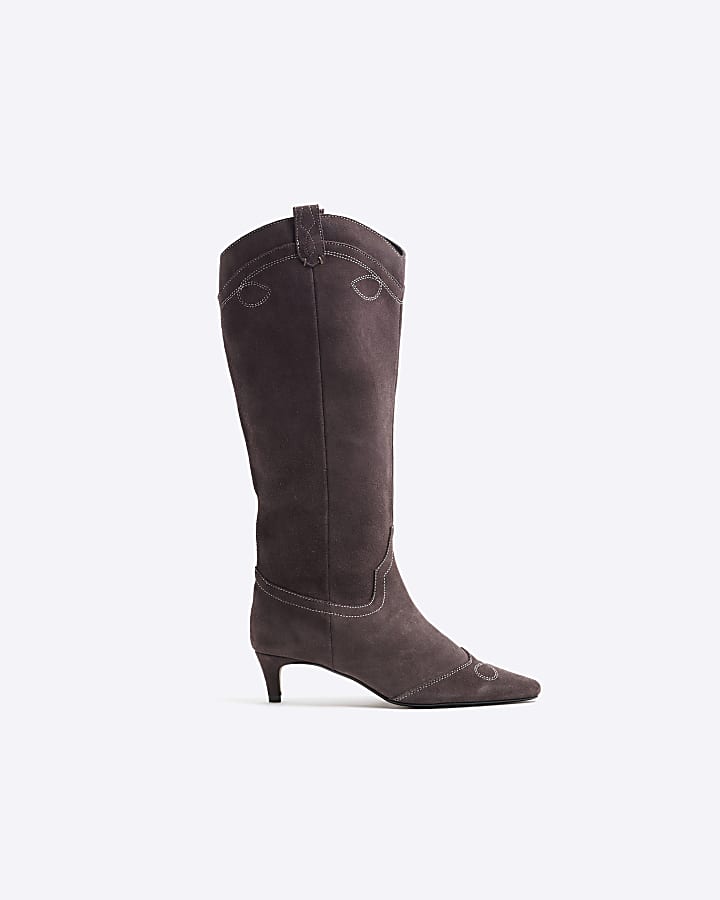 Brown Suede Knee High Western Boots