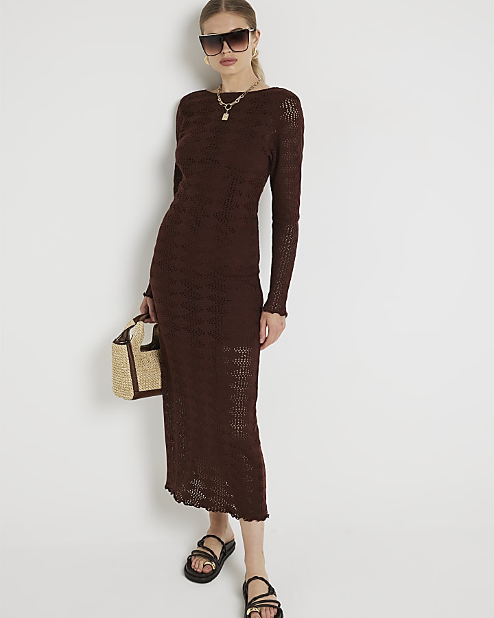 Brown Crochet Bodycon Maxi Dress