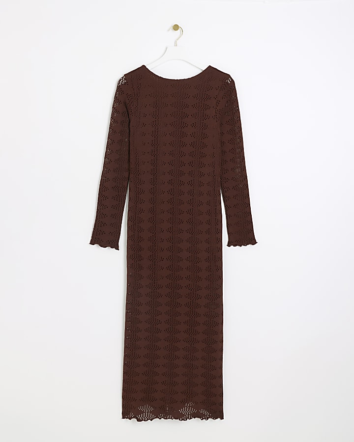 Brown Crochet Bodycon Maxi Dress
