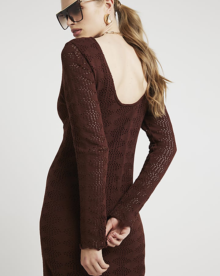 Brown Crochet Bodycon Maxi Dress