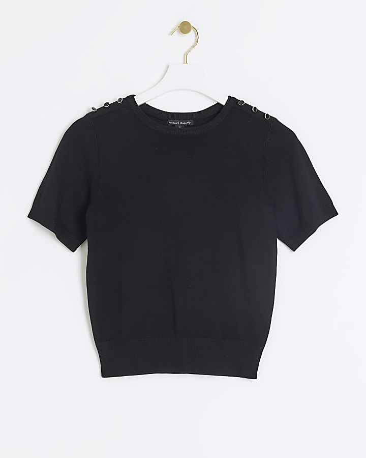 Black knit button detail t-shirt