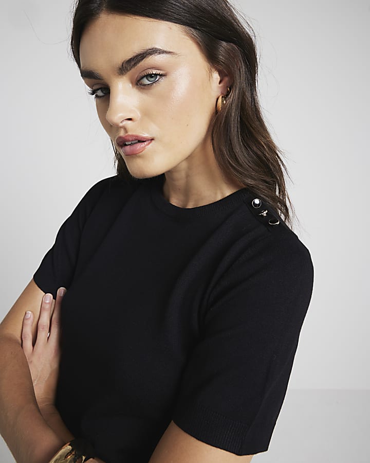 Black knit button detail t-shirt