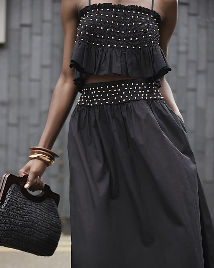 Black beaded poplin maxi skirt