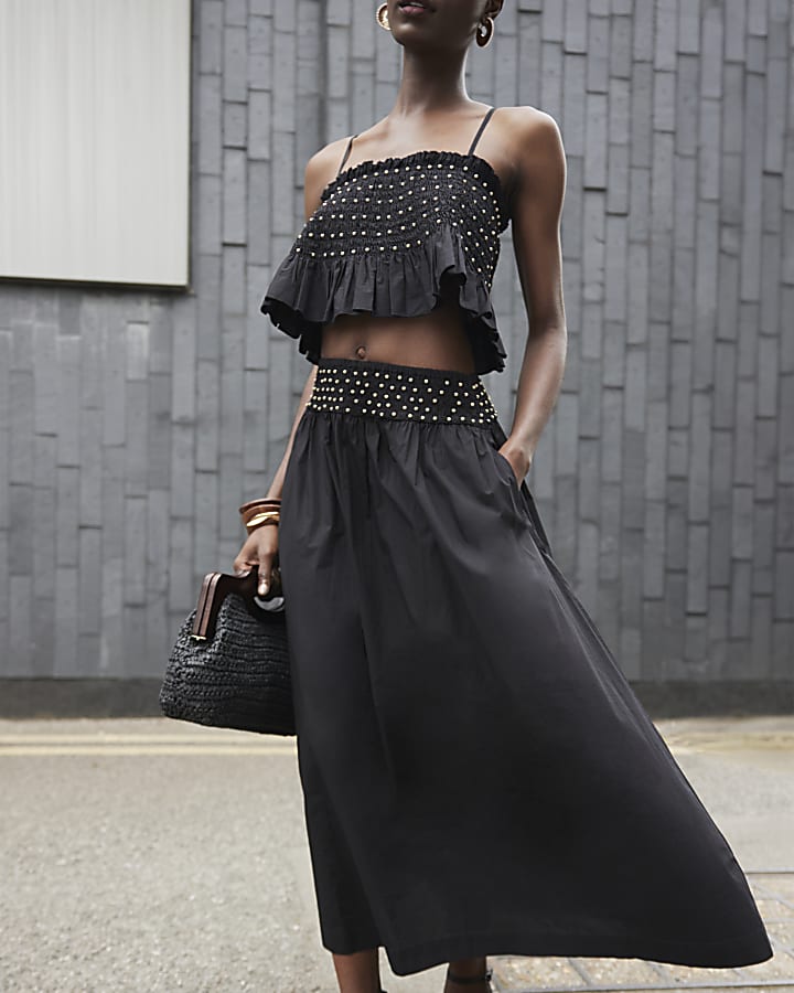 Black beaded poplin maxi skirt