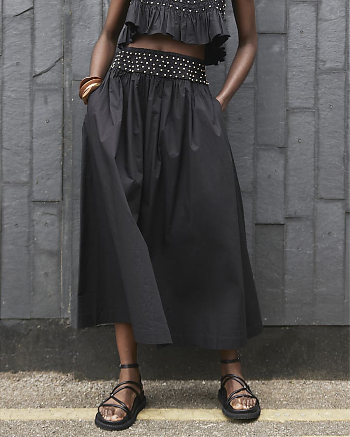 Black beaded poplin maxi skirt