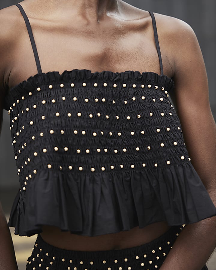 Black beaded poplin crop top