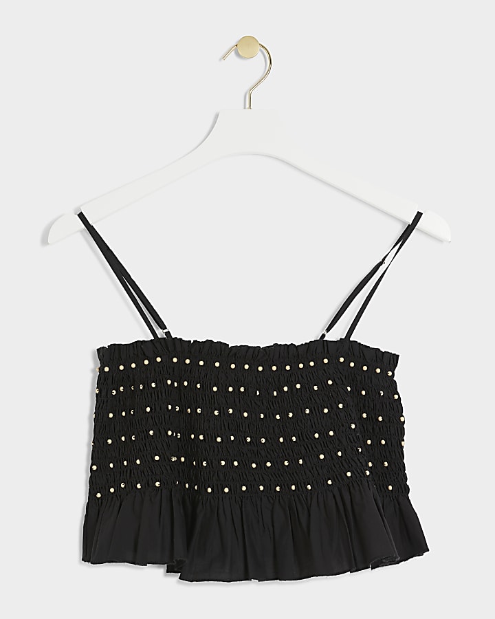 Black beaded poplin crop top