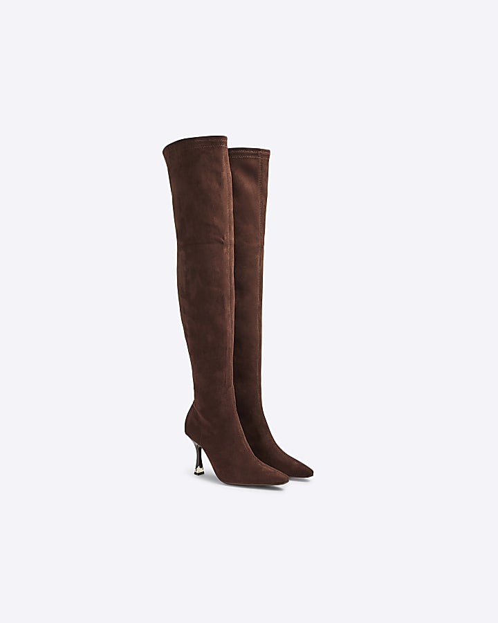 Brown Thigh high heeled Sock Boots