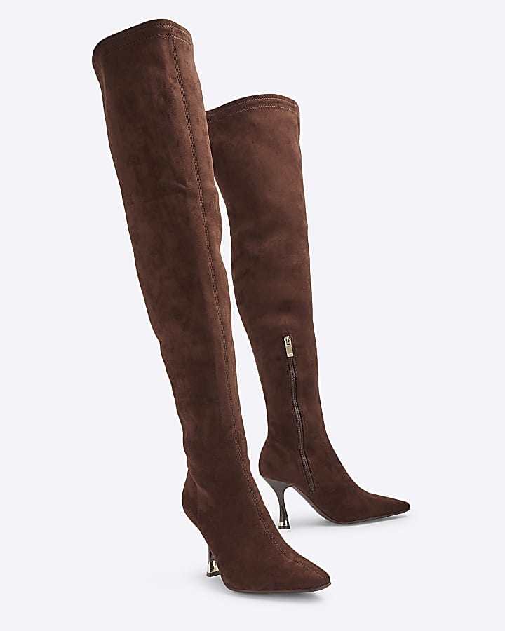 Brown Thigh high heeled Sock Boots