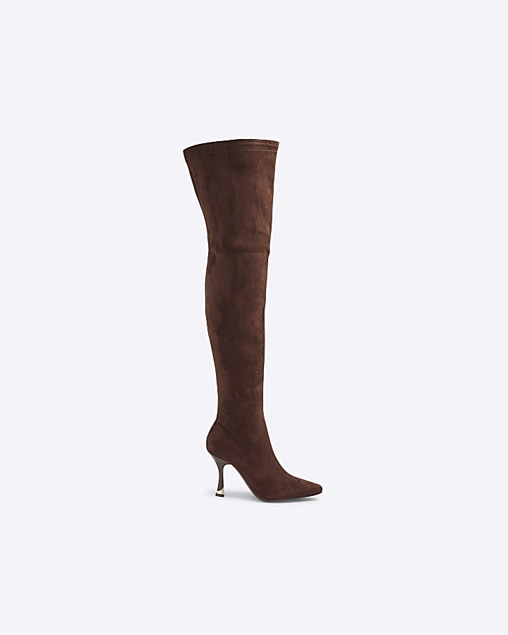 Brown Thigh high heeled Sock Boots