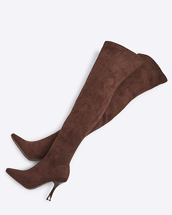 Brown Thigh high heeled Sock Boots