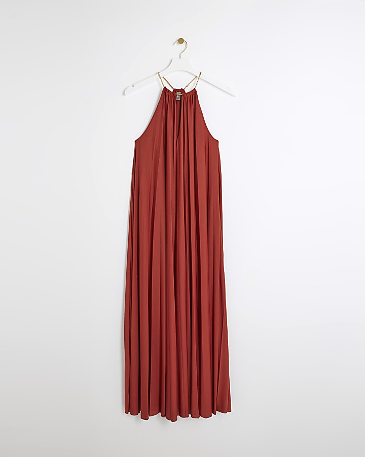 Rust gold hardware halter neck maxi dress