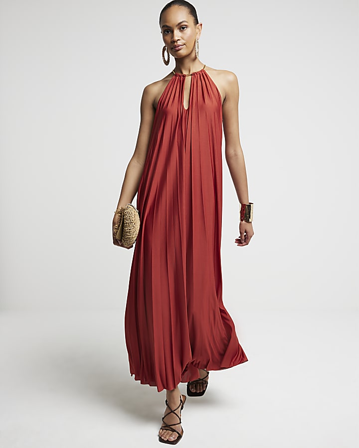 Rust gold hardware halter neck maxi dress