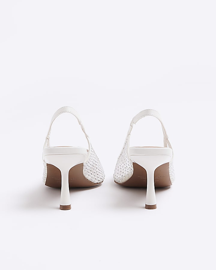 White mesh diamante sling back heeled shoes