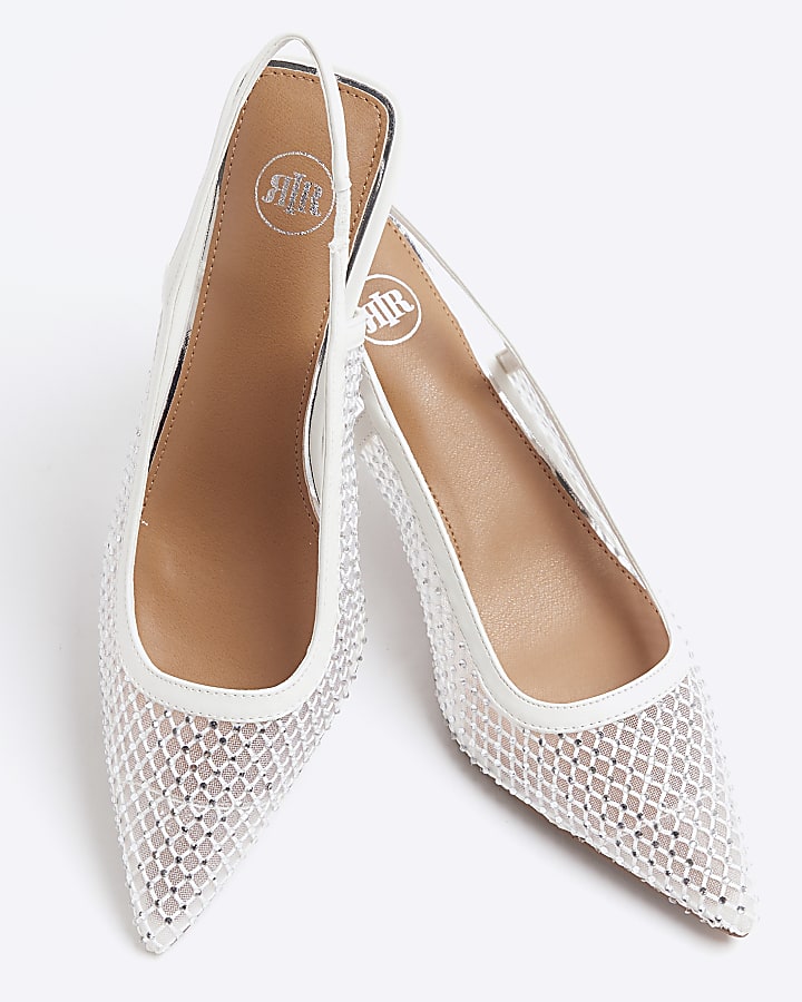 White mesh diamante sling back heeled shoes