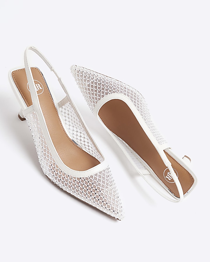 White mesh diamante sling back heeled shoes