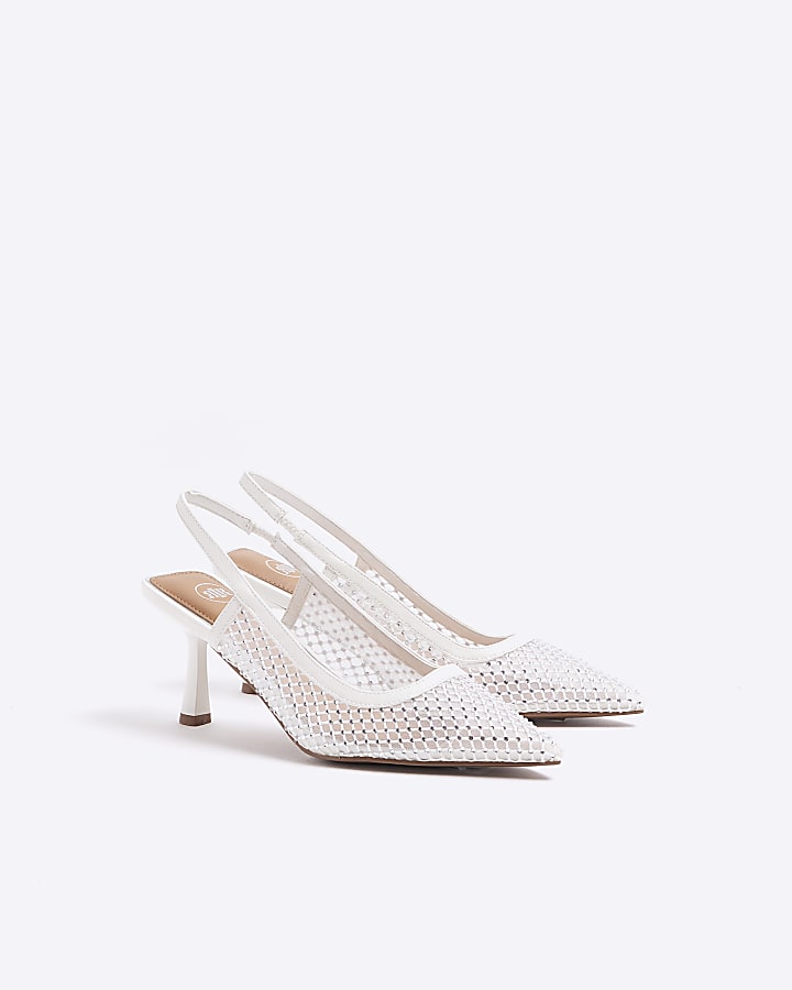 White mesh diamante sling back heeled shoes