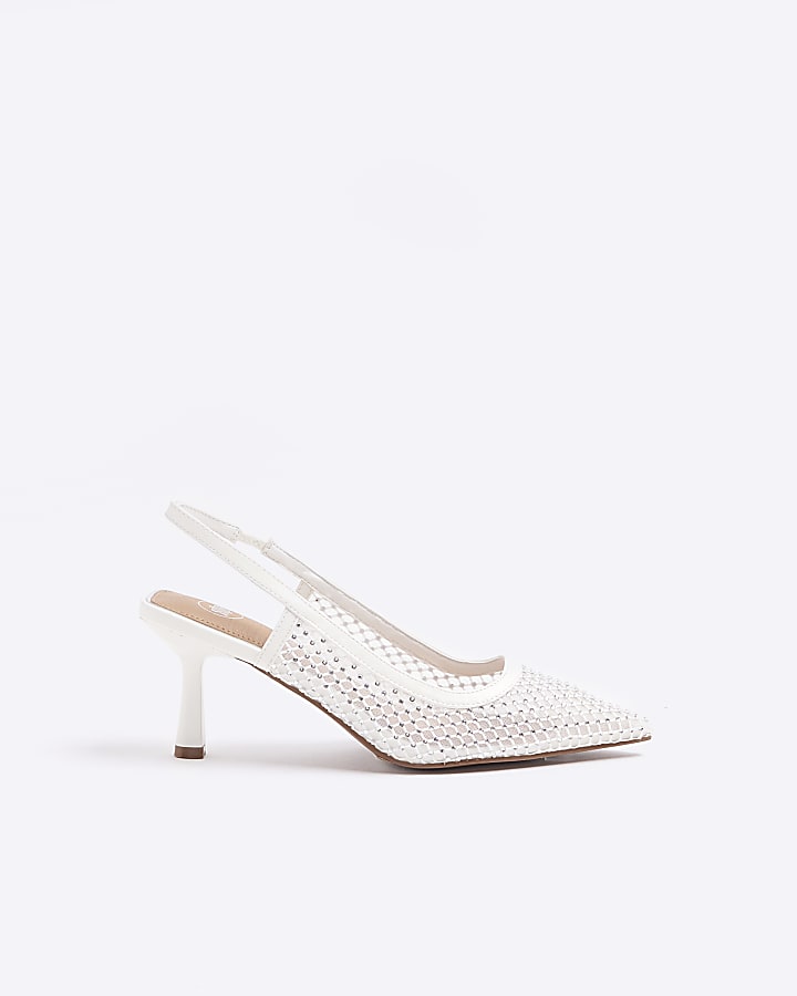 White mesh diamante sling back heeled shoes