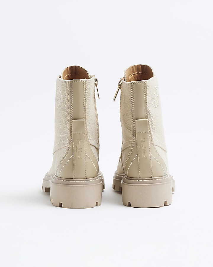 Beige Lace Up Canvas Boots