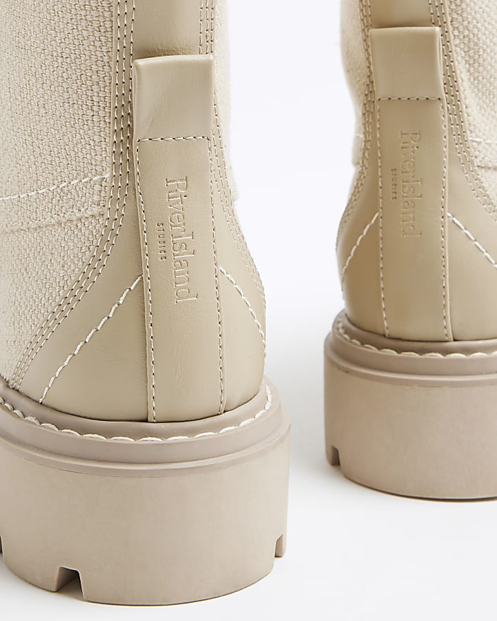 Beige Lace Up Canvas Boots