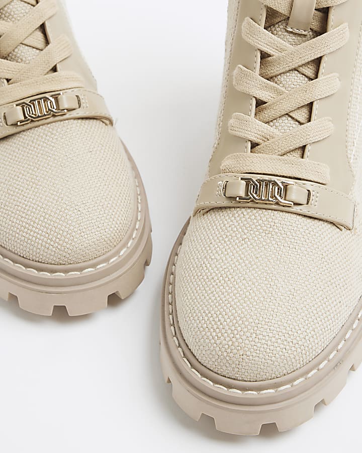 Beige Lace Up Canvas Boots