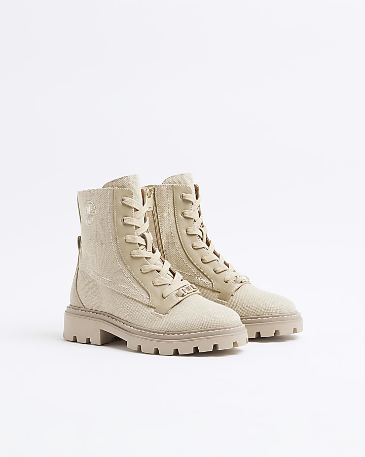 Beige Lace Up Canvas Boots