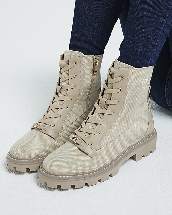 Beige Lace Up Canvas Boots