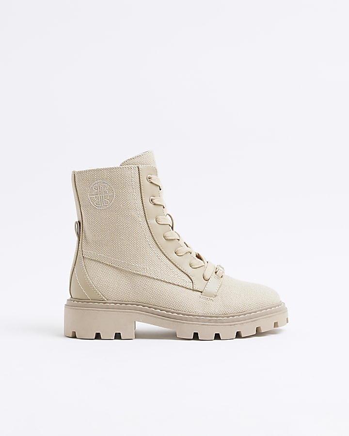 Beige Lace Up Canvas Boots